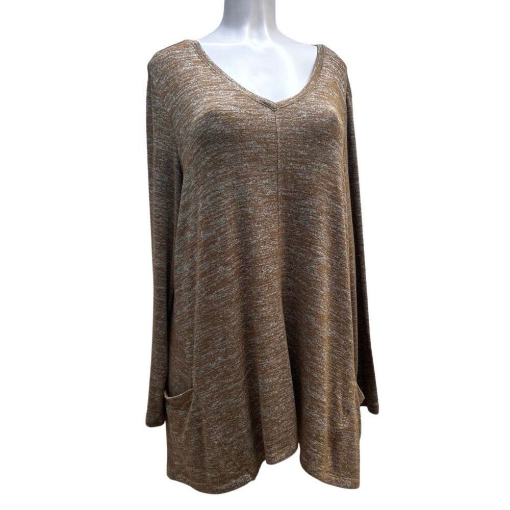 LOGO by Lori Goldstein Tunic Sweater Women's 2X Tan V-neck Pullover Pockets